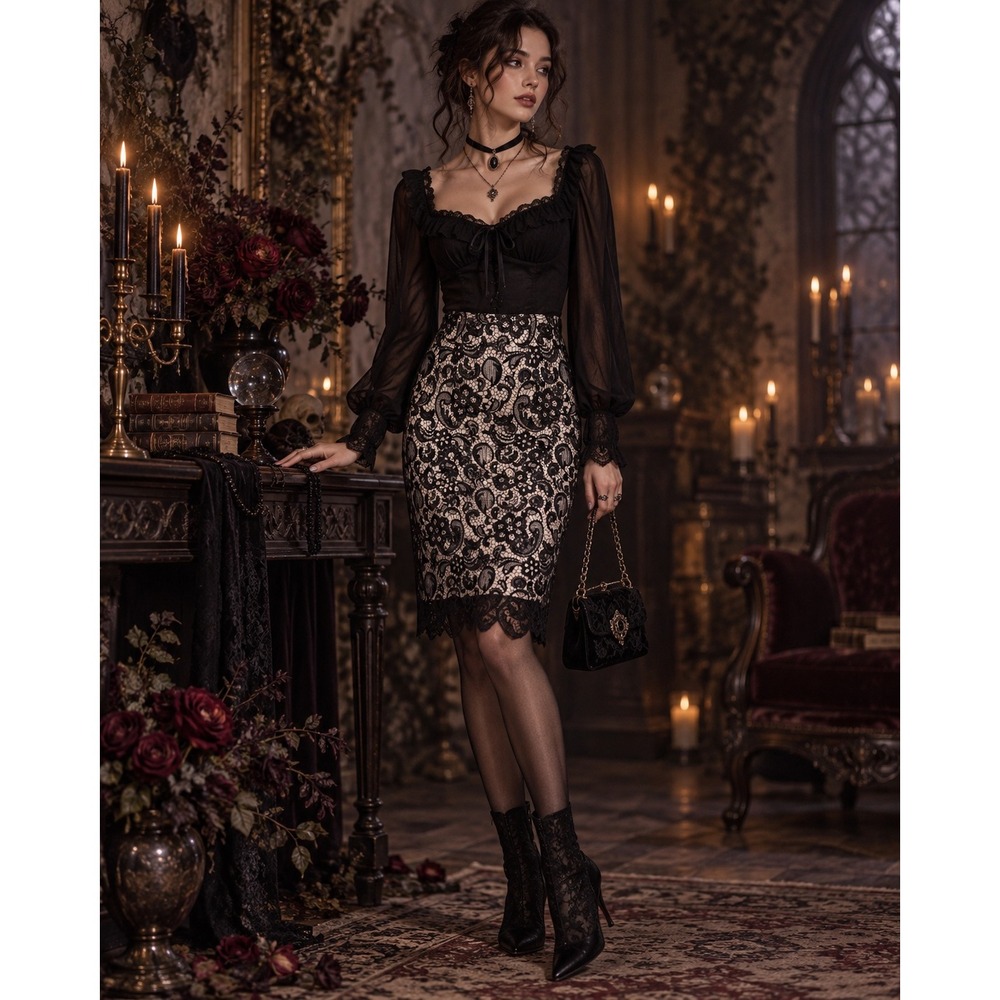 Premise Black Floral Lace Pencil Skirt NWT Size 4 Scalloped Hem 1T112103
